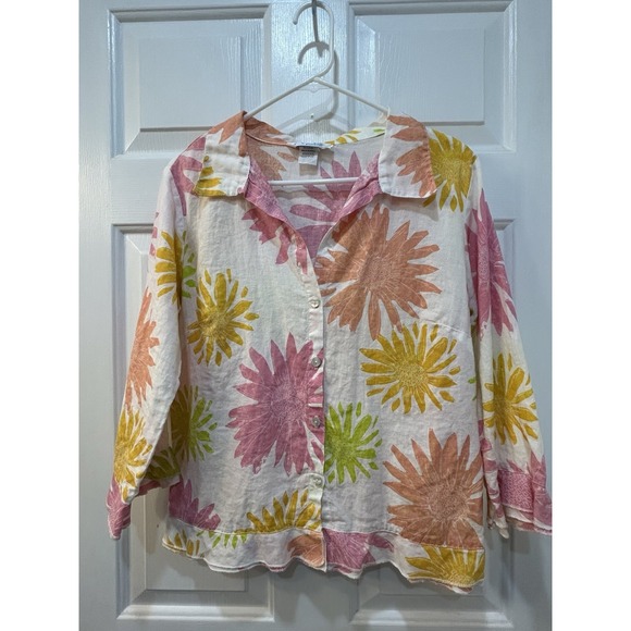 fresh produce Tops - Fresh Produce Floral Linen Button Up Shirt Womens Sz M 3/4 Sleeve Tropical Art
